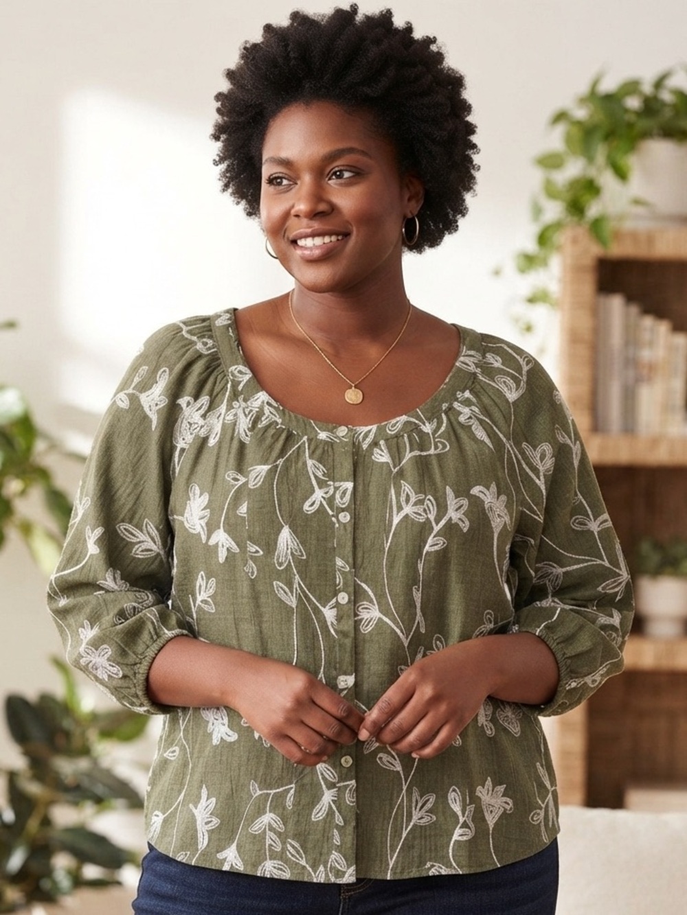 Olivia & Martin Embroidered Floral Blouse 2X Olive Green NWT